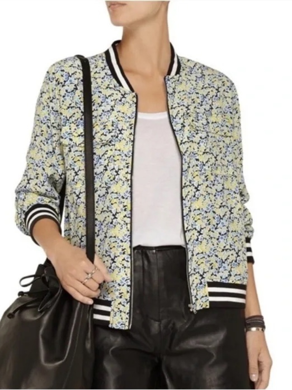 Equipment Femme Abbot Floral Silk Bomber Jacket Black Yellow Blue Size XS
